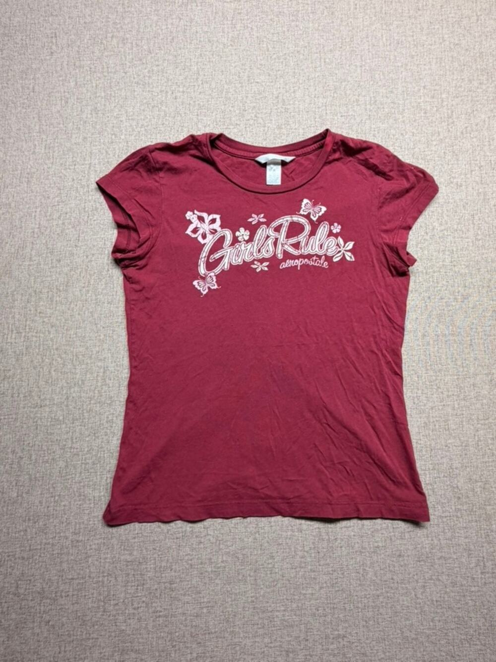 Vintage Y2K Aeropostale Girls Rule Baby Tee Medium Burgundy Butterfly Graphic